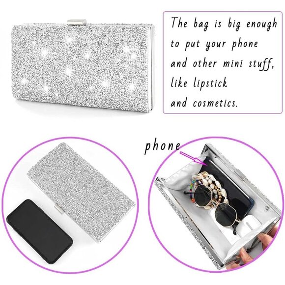 ⚡ Women\'s Glitter Double Sided Diamond Evening Clutch Crossbody Silver Bag
